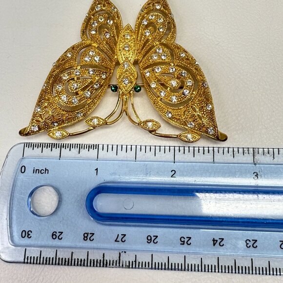 Ornate Butterfly Brooch Pin Gold-Tone Sparkly Rhinestone 2.5" Statement - Picture 8 of 8